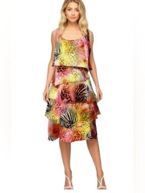 Simon Chang- Tiered Tropical Zebra Print Party Midi Dress Sz.10-12 PTP 23